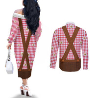Traditional German Costume - Lederhosen Couples Matching Off The Shoulder Long Sleeve Dress and Long Sleeve Button Shirt Red Plaid Pattern with Edelweiss Flowers