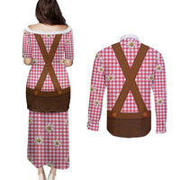 Traditional German Costume - Lederhosen Couples Matching Puletasi and Long Sleeve Button Shirt Red Plaid Pattern with Edelweiss Flowers