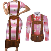 Traditional German Costume - Lederhosen Couples Matching Short Sleeve Bodycon Dress and Long Sleeve Button Shirt Red Plaid Pattern with Edelweiss Flowers