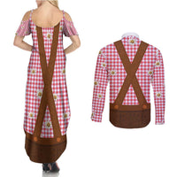 Traditional German Costume - Lederhosen Couples Matching Summer Maxi Dress and Long Sleeve Button Shirt Red Plaid Pattern with Edelweiss Flowers