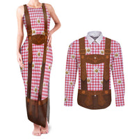 Traditional German Costume - Lederhosen Couples Matching Tank Maxi Dress and Long Sleeve Button Shirt Red Plaid Pattern with Edelweiss Flowers