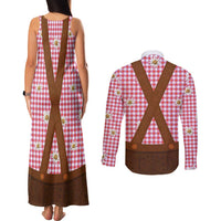 Traditional German Costume - Lederhosen Couples Matching Tank Maxi Dress and Long Sleeve Button Shirt Red Plaid Pattern with Edelweiss Flowers