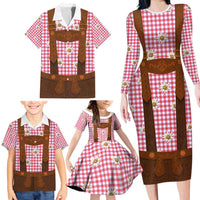 Traditional German Costume - Lederhosen Family Matching Long Sleeve Bodycon Dress and Hawaiian Shirt Red Plaid Pattern with Edelweiss Flowers - Wonder Print Shop