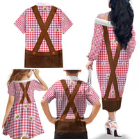 Traditional German Costume - Lederhosen Family Matching Off The Shoulder Long Sleeve Dress and Hawaiian Shirt Red Plaid Pattern with Edelweiss Flowers