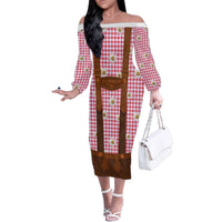 Traditional German Costume - Lederhosen Family Matching Off The Shoulder Long Sleeve Dress and Hawaiian Shirt Red Plaid Pattern with Edelweiss Flowers