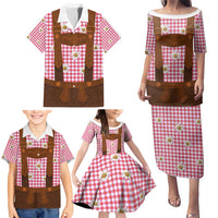 Traditional German Costume - Lederhosen Family Matching Puletasi and Hawaiian Shirt Red Plaid Pattern with Edelweiss Flowers