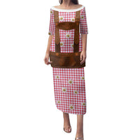 Traditional German Costume - Lederhosen Family Matching Puletasi and Hawaiian Shirt Red Plaid Pattern with Edelweiss Flowers