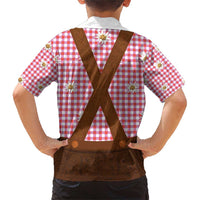 Traditional German Costume - Lederhosen Family Matching Short Sleeve Bodycon Dress and Hawaiian Shirt Red Plaid Pattern with Edelweiss Flowers - Wonder Print Shop