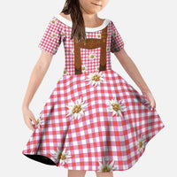 Traditional German Costume - Lederhosen Kid Short Sleeve Dress Red Plaid Pattern with Edelweiss Flowers - Wonder Print Shop
