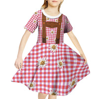 Traditional German Costume - Lederhosen Kid Short Sleeve Dress Red Plaid Pattern with Edelweiss Flowers - Wonder Print Shop