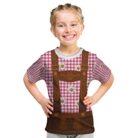 Traditional German Costume - Lederhosen Kid T Shirt Red Plaid Pattern with Edelweiss Flowers - Wonder Print Shop