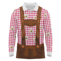 Traditional German Costume - Lederhosen Long Sleeve Polo Shirt Red Plaid Pattern with Edelweiss Flowers - Wonder Print Shop