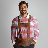 Traditional German Costume - Lederhosen Long Sleeve Polo Shirt Red Plaid Pattern with Edelweiss Flowers - Wonder Print Shop