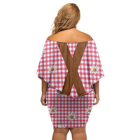 Traditional German Costume - Lederhosen Off Shoulder Short Dress Red Plaid Pattern with Edelweiss Flowers - Wonder Print Shop
