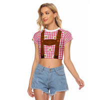 Traditional German Costume - Lederhosen Raglan Cropped T Shirt Red Plaid Pattern with Edelweiss Flowers - Wonder Print Shop