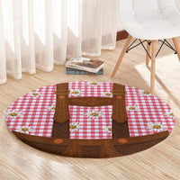 Traditional German Costume - Lederhosen Round Carpet Red Plaid Pattern with Edelweiss Flowers - Wonder Print Shop