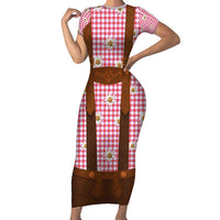 Traditional German Costume - Lederhosen Short Sleeve Bodycon Dress Red Plaid Pattern with Edelweiss Flowers - Wonder Print Shop