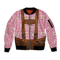 Traditional German Costume - Lederhosen Sleeve Zip Bomber Jacket Red Plaid Pattern with Edelweiss Flowers - Wonder Print Shop