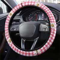 Traditional German Costume - Lederhosen Steering Wheel Cover Red Plaid Pattern with Edelweiss Flowers - Wonder Print Shop