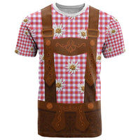 Traditional German Costume - Lederhosen T Shirt Red Plaid Pattern with Edelweiss Flowers - Wonder Print Shop