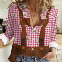 Traditional German Costume - Lederhosen Women Casual Shirt Red Plaid Pattern with Edelweiss Flowers - Wonder Print Shop