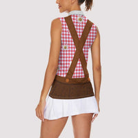 Traditional German Costume - Lederhosen Women Sleeveless Polo Shirt Red Plaid Pattern with Edelweiss Flowers - Wonder Print Shop