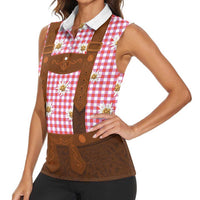 Traditional German Costume - Lederhosen Women Sleeveless Polo Shirt Red Plaid Pattern with Edelweiss Flowers - Wonder Print Shop