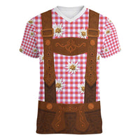 Traditional German Costume - Lederhosen Women V-Neck T-Shirt Red Plaid Pattern with Edelweiss Flowers - Wonder Print Shop