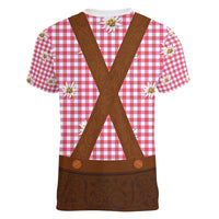 Traditional German Costume - Lederhosen Women V-Neck T-Shirt Red Plaid Pattern with Edelweiss Flowers - Wonder Print Shop