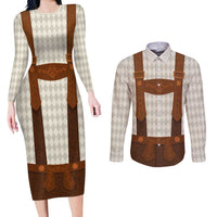 Traditional German Costume - Lederhosen Couples Matching Long Sleeve Bodycon Dress and Long Sleeve Button Shirt Old Vintage Bavarian Pattern