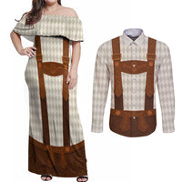 Traditional German Costume - Lederhosen Couples Matching Off Shoulder Maxi Dress and Long Sleeve Button Shirt Old Vintage Bavarian Pattern