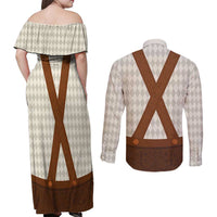 Traditional German Costume - Lederhosen Couples Matching Off Shoulder Maxi Dress and Long Sleeve Button Shirt Old Vintage Bavarian Pattern