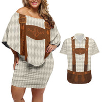 Traditional German Costume - Lederhosen Couples Matching Off Shoulder Short Dress and Hawaiian Shirt Old Vintage Bavarian Pattern