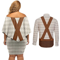 Traditional German Costume - Lederhosen Couples Matching Off Shoulder Short Dress and Long Sleeve Button Shirt Old Vintage Bavarian Pattern