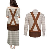 Traditional German Costume - Lederhosen Couples Matching Puletasi and Long Sleeve Button Shirt Old Vintage Bavarian Pattern