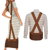 Traditional German Costume - Lederhosen Couples Matching Short Sleeve Bodycon Dress and Long Sleeve Button Shirt Old Vintage Bavarian Pattern