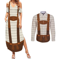 Traditional German Costume - Lederhosen Couples Matching Summer Maxi Dress and Long Sleeve Button Shirt Old Vintage Bavarian Pattern