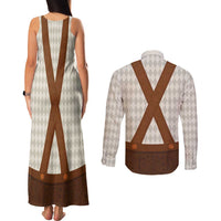 Traditional German Costume - Lederhosen Couples Matching Tank Maxi Dress and Long Sleeve Button Shirt Old Vintage Bavarian Pattern