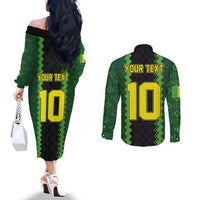Custom Mali Football Couples Matching Off The Shoulder Long Sleeve Dress and Long Sleeve Button Shirt Les Aigles-Green Gold and Red