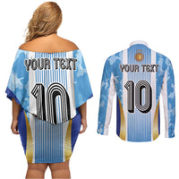 Custom Argentina Football Couples Matching Off Shoulder Short Dress and Long Sleeve Button Shirt La Albiceleste Three Times The Best in The World