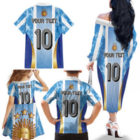 Custom Argentina Football Family Matching Off The Shoulder Long Sleeve Dress and Hawaiian Shirt La Albiceleste Three Times The Best in The World
