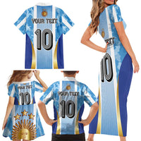 Custom Argentina Football Family Matching Short Sleeve Bodycon Dress and Hawaiian Shirt La Albiceleste Three Times The Best in The World