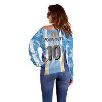 Custom Argentina Football Off Shoulder Sweater La Albiceleste Three Times The Best in The World