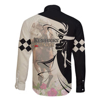 Kentucky Racing Horses Derby Hat Girl Long Sleeve Button Shirt Beige Color - Wonder Print Shop