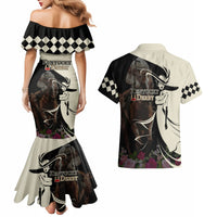 Kentucky Racing Horses Derby Hat Girl Couples Matching Mermaid Dress and Hawaiian Shirt Black Color - Wonder Print Shop
