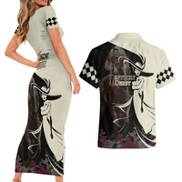 Kentucky Racing Horses Derby Hat Girl Couples Matching Short Sleeve Bodycon Dress and Hawaiian Shirt Black Color - Wonder Print Shop