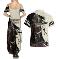 Kentucky Racing Horses Derby Hat Girl Couples Matching Summer Maxi Dress and Hawaiian Shirt Black Color - Wonder Print Shop
