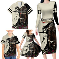 Kentucky Racing Horses Derby Hat Girl Family Matching Long Sleeve Bodycon Dress and Hawaiian Shirt Black Color - Wonder Print Shop