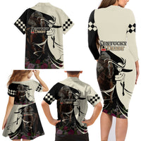 Kentucky Racing Horses Derby Hat Girl Family Matching Long Sleeve Bodycon Dress and Hawaiian Shirt Black Color - Wonder Print Shop