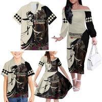 Kentucky Racing Horses Derby Hat Girl Family Matching Off The Shoulder Long Sleeve Dress and Hawaiian Shirt Black Color - Wonder Print Shop